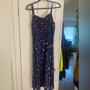 Floral navy blue cami midi dress with shirring top